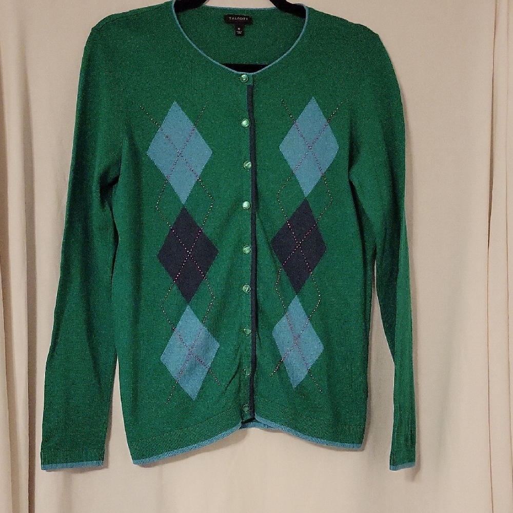 Talbots Green and Blue Argyle Cardigan
